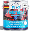 Eine Dose plid Plid Wetterschutz Holzfarbe - deckend & wetterfest für innen & außen, seidenmatt, atmungsaktiv, elastisch, auf Wasserbasis, mit rotem Hausmotiv und deutschem Text; deckt ca. 25m² pro Anstrich und bietet lang anhaltenden Schutz.