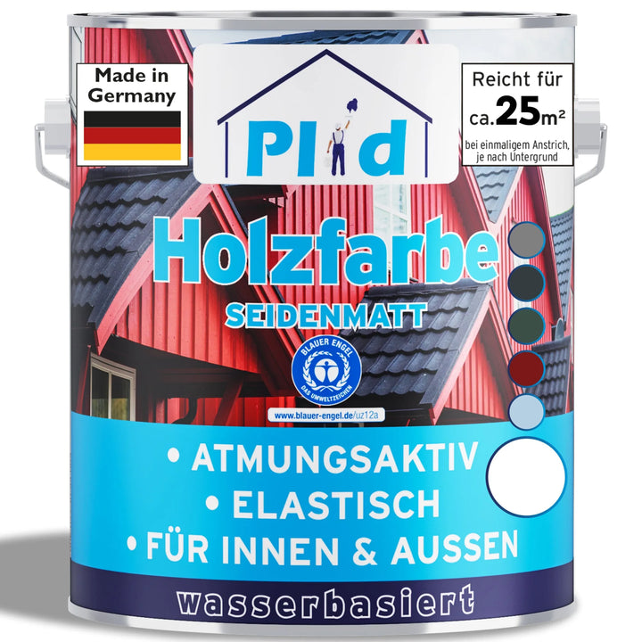 Eine Dose mit plid Plid Wetterschutz Holzfarbe - deckend &amp; wetterfest für innen &amp; außen. Das Etikett zeigt blauen, weißen und orangefarbenen Text, rote Holzhäuser sowie Symbole für Atmungsaktivität, Elastizität und Innen-/Außenanwendung.