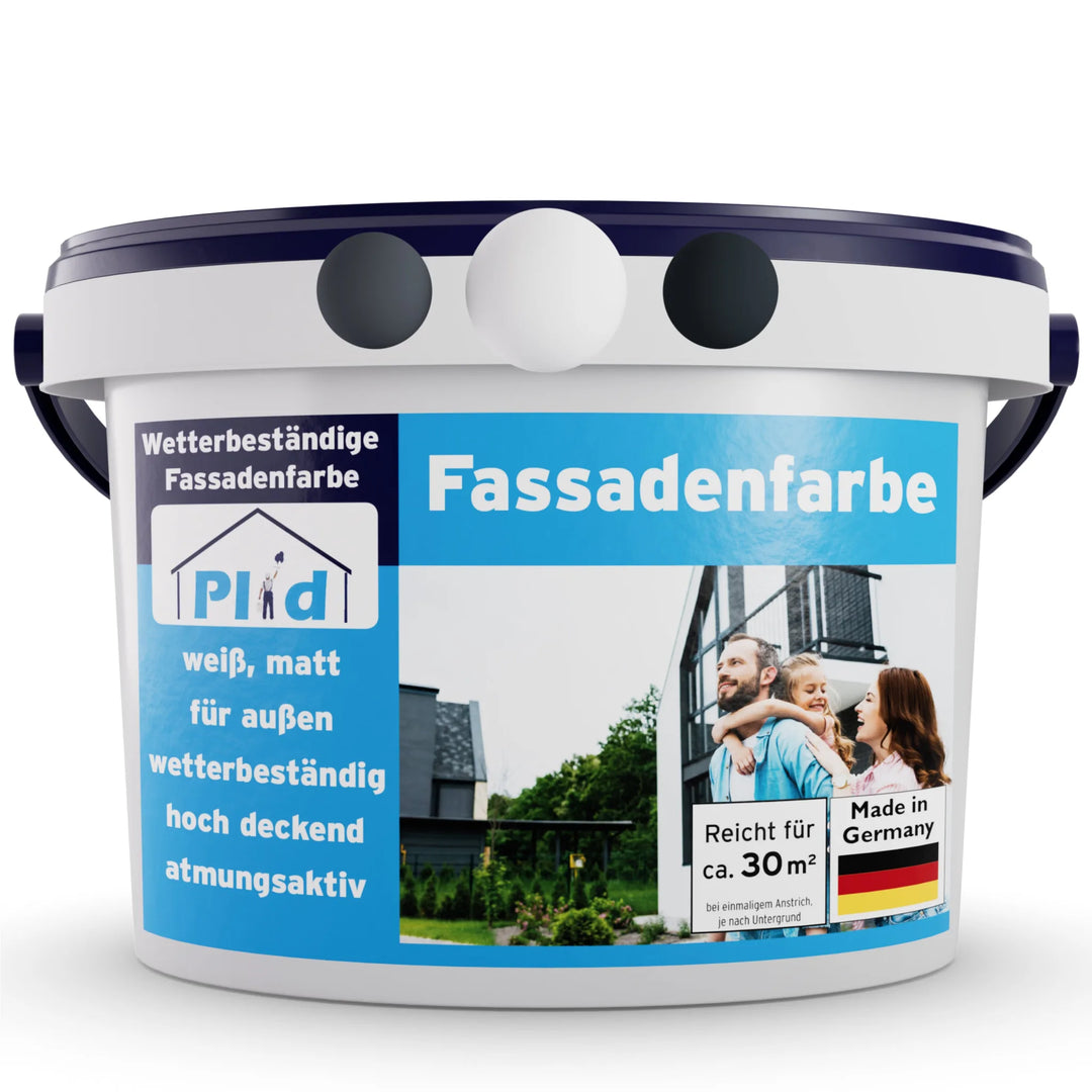 Ein weißer Eimer plid Fassadenfarbe wetterfest &amp; diffusionsoffen für Außenwände trägt ein blaues Etikett mit einem Hausbild und einem deutschen Text, der ihn als matte, hochdeckende, wetterbeständige Fassadenfarbe made in Germany beschreibt.