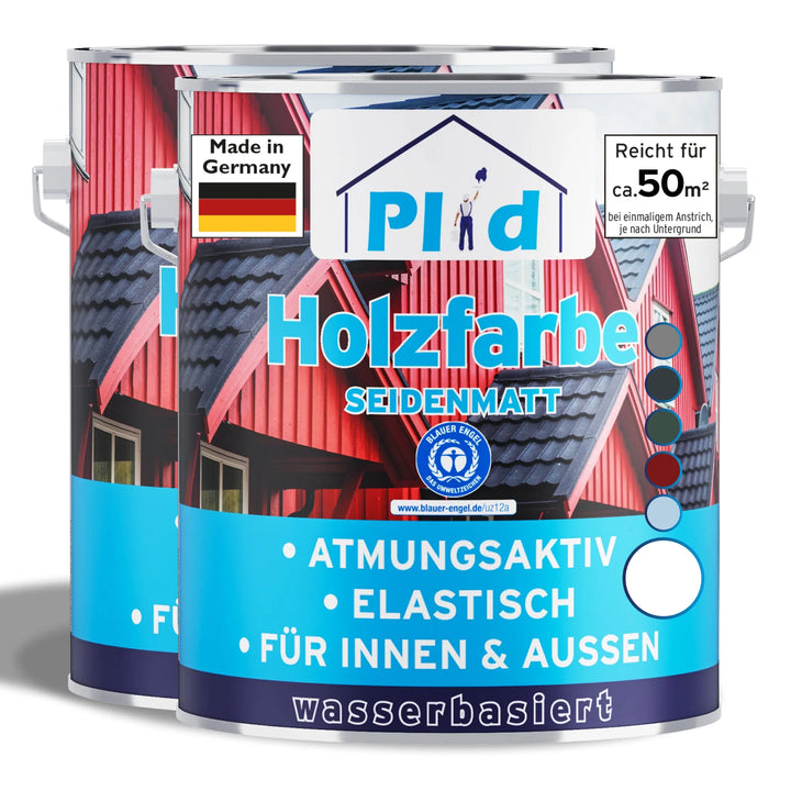 Zwei Dosen plid Plid Wetterschutz Holzfarbe - deckend &amp; wetterfest für innen &amp; außen, mit Hausgrafik und Deutschlandflagge. Auf Wasserbasis, deckt 50m², ideal für den Holzschutz im Innen- und Außenbereich.