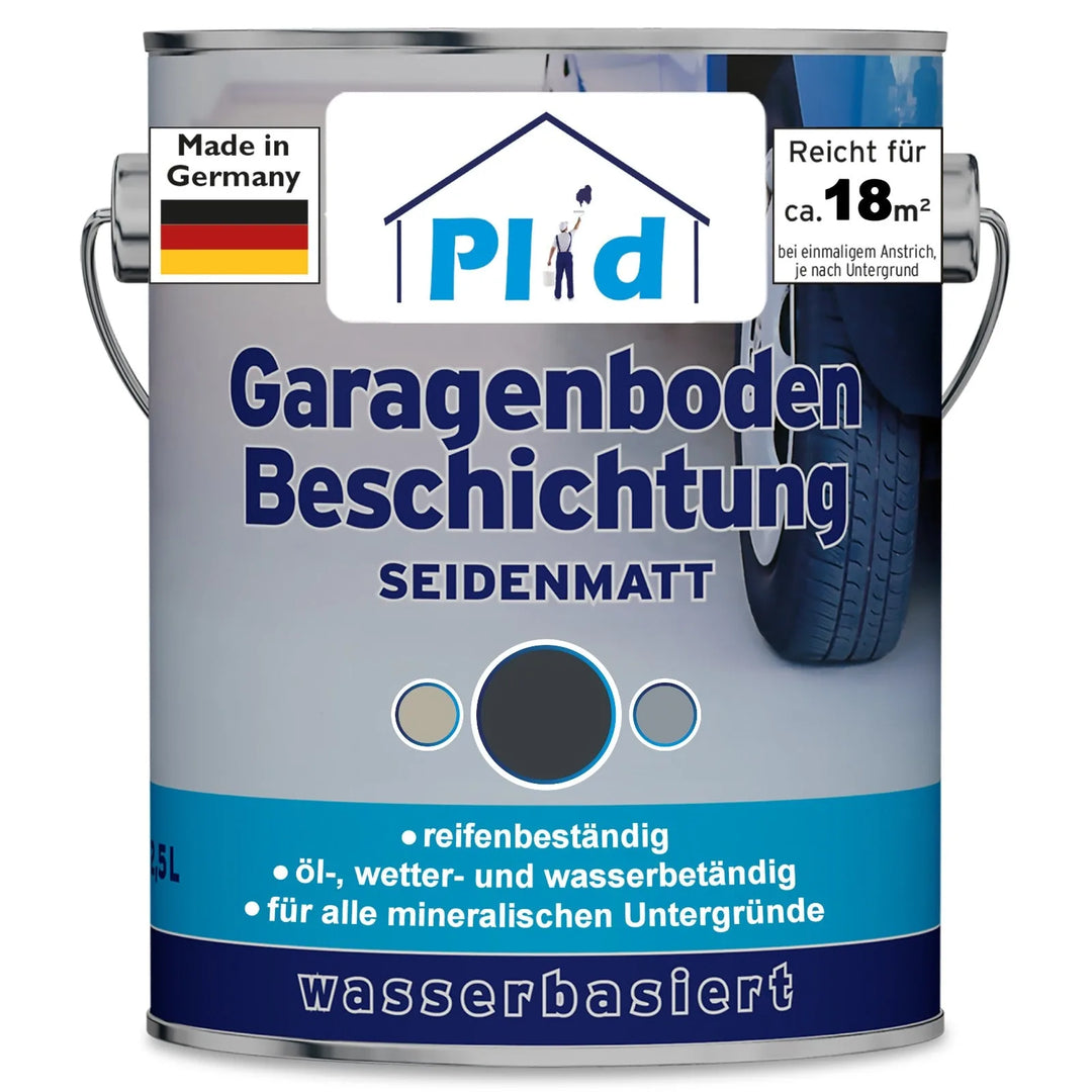 Eine Dose plid Plid® Garagenbodenbeschichtung mit Reifenmotiv und Deutschlandflagge ist eine wasserbasierte, lösemittelarme, robuste Bodenfarbe für Garagenbetonböden (Beton &amp; Estrich) mit einer Deckkraft von 18 m², die öl-, wetter- und wasserbeständig ist.