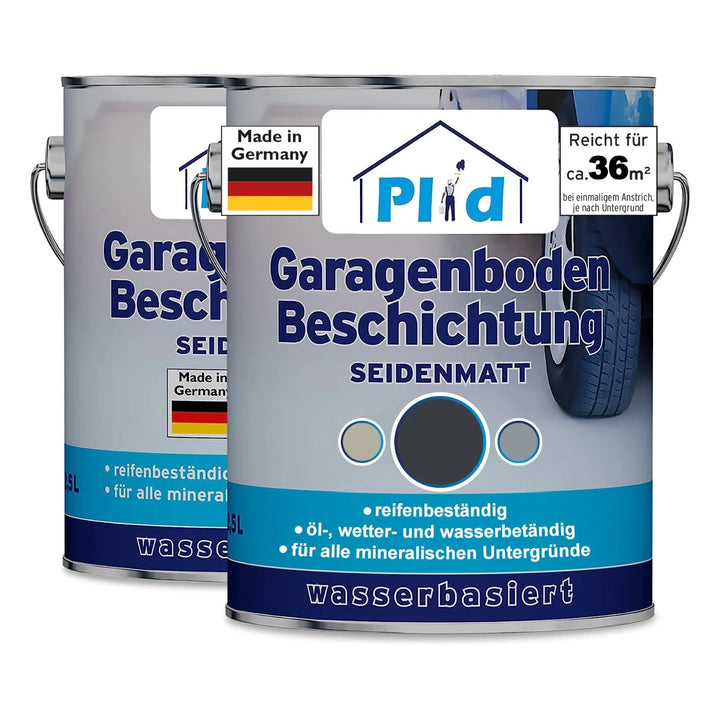 Zwei Dosen plid Plid® Garagenbodenbeschichtung, blau etikettiert mit Reifen- und Hausgrafik. Sie decken jeweils 36 m² Betonboden ab. Die wasserbasierte, lösemittelarme Farbe ist robust, seidenmatt, wetterbeständig und leicht zu verarbeiten.