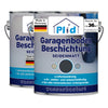 Zwei Dosen plid Plid® Garagenbodenbeschichtung, eine blau-weiße, lösemittelreduzierte, robuste Bodenfarbe für Beton und Estrich, mit Reifengrafik und Deutschlandflagge; wasserbasiert, wetterfest, made in Germany.