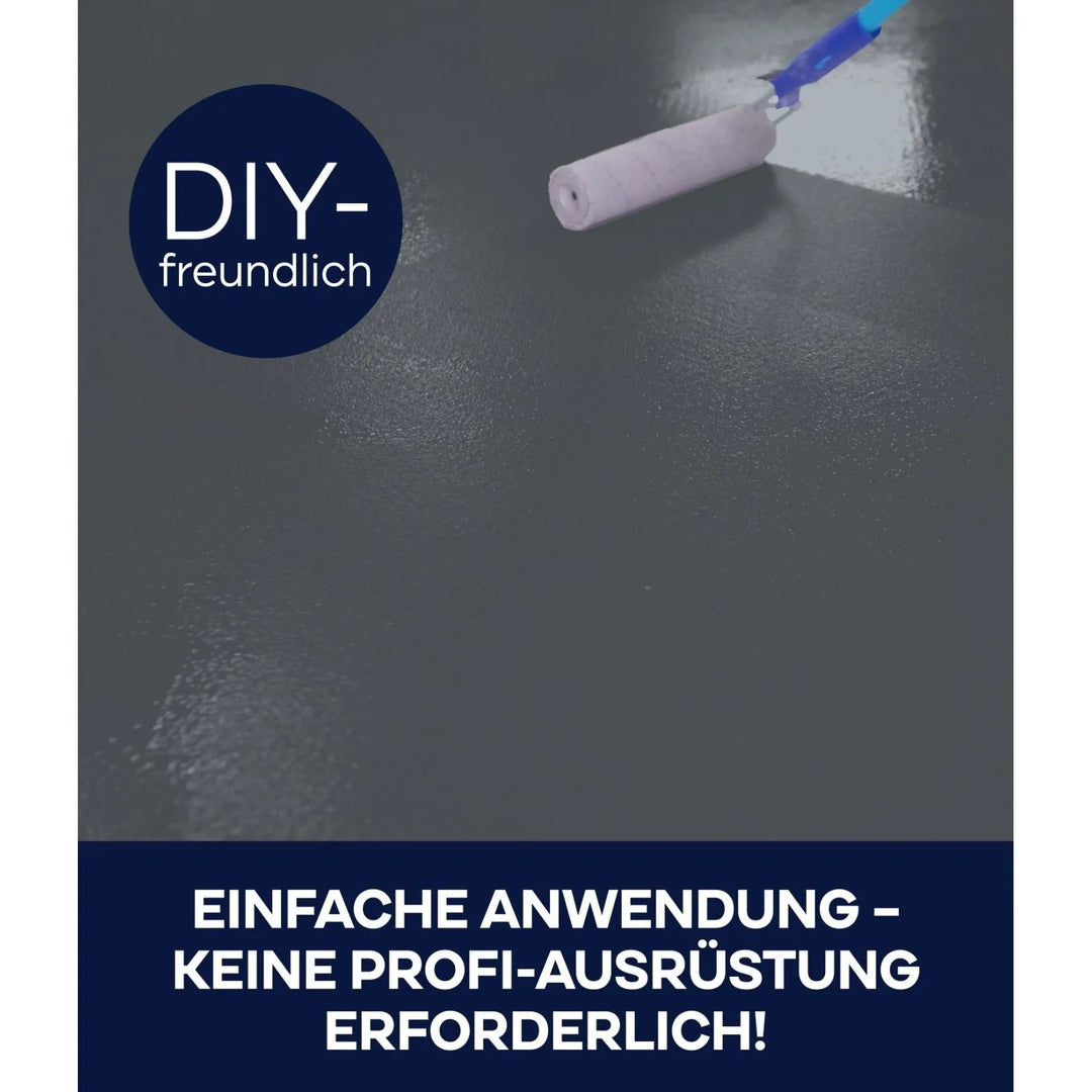 Ein Farbroller beschichtet eine Fläche mit Plid® Garagenbodenbeschichtung von plid - lösemittelarme Bodenfarbe für Beton &amp; Estrich. DIY-freundlich, einfache Anwendung - keine Profi-Ausrüstung nötig! Perfekt für Garagen- und Betonböden.