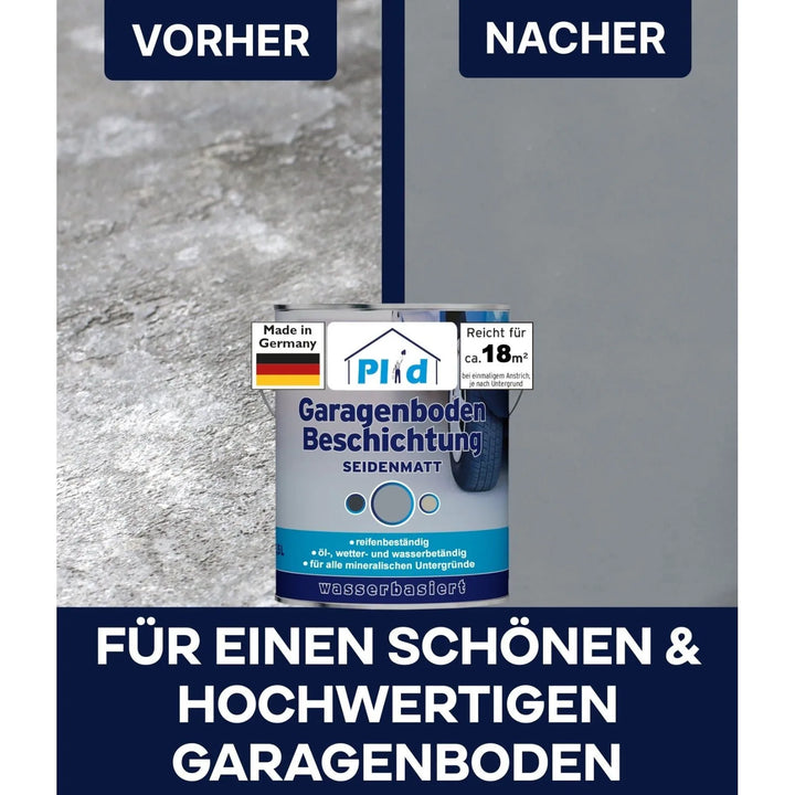 Eine Vorher-Nachher-Ansicht von Plid® Garagenbodenbeschichtung: links ein rauer Betonboden (Vorher), rechts eine glatte, graue Bodenfarbe (Nacher). Unter den deutschen Produktdetails ist mittig eine Plid-Farbdose abgebildet.