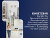 Eine Grafik mit zwei Fotos: das eine zeigt ein modernes Badezimmer mit Regalen und einer Toilette, das andere eine Frau, die lächelnd in einer weißen Küche steht. Der deutsche Text erklärt den zuverlässigen Einsatz bei Renovierungen in feuchten oder schimmelgefährdeten Räumen zu Hause.