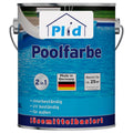 Große plid Farbdose mit der Aufschrift "Poolfarbe chlorbeständig für Schwimmbecken & Pools" mit blauem Wasserhintergrund. Eigenschaften: 2 in 1, Made in Germany, für den Außenbereich, Poolfarbe, chlorbeständig, lösemittelhaltig & UV-beständig.