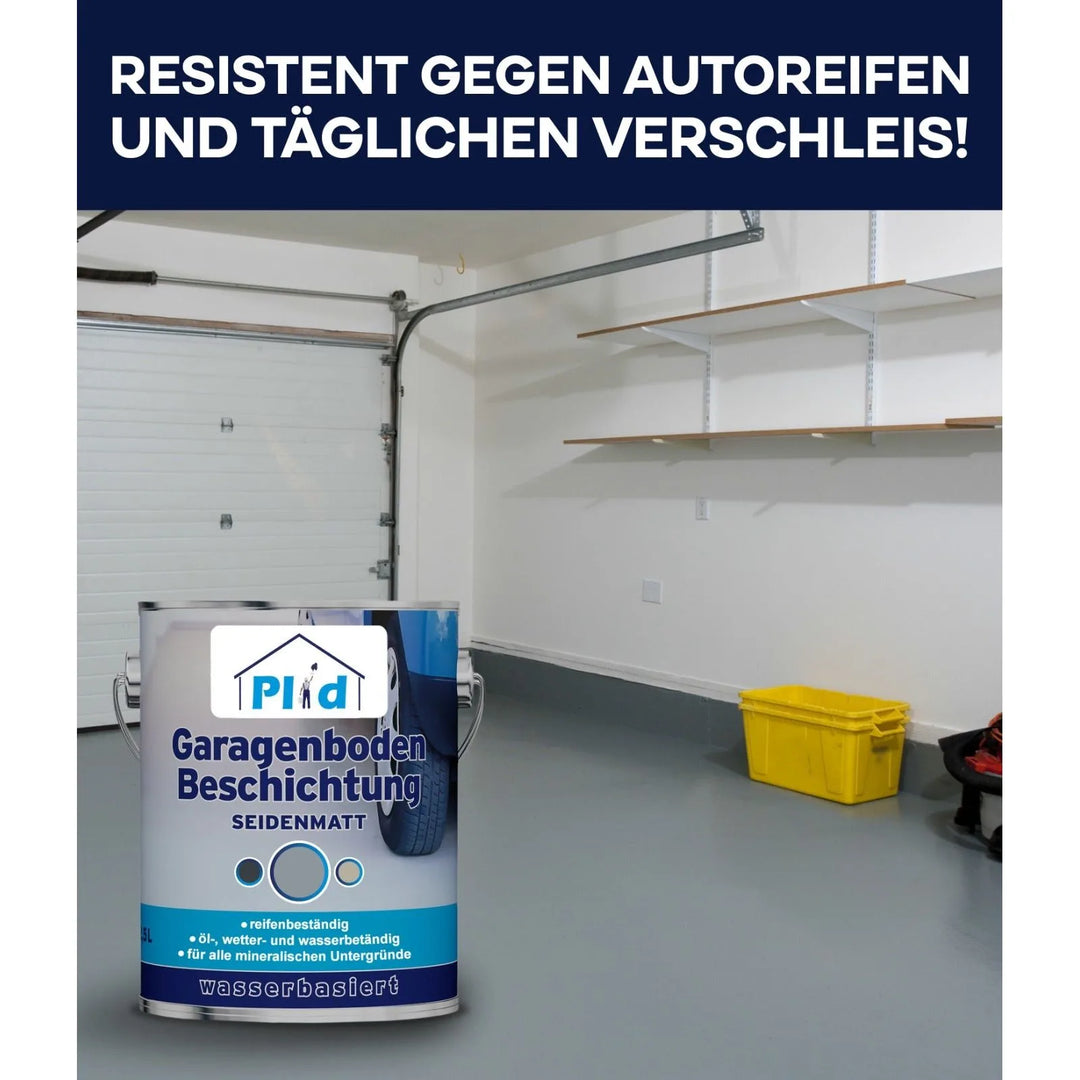 Eine Dose plid Plid® Garagenbodenbeschichtung - Bodenfarbe für Beton &amp; Estrich wird in einer sauberen Garage gezeigt. Der deutsche Text lautet: Widerstandsfähig gegen Autoreifen und täglichen Verschleiß! Perfekt für Betonböden.