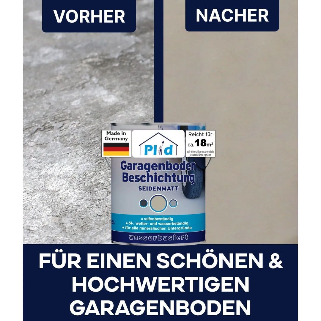 Vorher-Nachher-Vergleich: Ein matter Boden vs. ein glänzender, sauberer Boden mit einer Dose Plid® Garagenbodenbeschichtung von plid. Text hebt die einfache Anwendung und das hochwertige Ergebnis für Beton- und Estrichböden hervor.