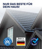 Nahaufnahme eines modernen Hauses mit dunklen Dachziegeln und Verkleidungen, mit plid Holzfarbe - Anstreichset. Text: "Nur das Beste für dein Haus!" sowie darunter die Logos Blauer Engel, Made in Germany und Premium Qualität.