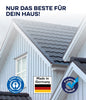 Abgebildet ist ein weißes Haus mit dunkelgrauem Dach, das mit plid Holzfarbe - Anstreichset versehen ist. Text: Nur das Beste für dein Haus! Zertifizierungslogos: Blauer Engel, Made in Germany und Premium Qualität erscheinen am unteren Rand.