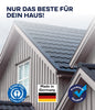 Die Nahaufnahme eines Hauses mit grauer Fassade und dunklem Dach zeigt das Holzfarbe - Anstreichset von plid. Der deutsche Text lautet NUR DAS BESTE FÜR DEIN HAUS! Darunter befinden sich drei Plaketten: Holzschutz, Made in Germany, und Premium Qualität.