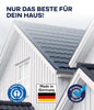 Nahaufnahme eines weißen Hauses mit einem dunkelgrauen Dach. Der deutsche Text lautet: Nur das Beste für dein Haus! Die Logos heben plid Holzfarbe - Anstreichset, Made in Germany, umweltfreundlich, und Premiumqualität hervor.