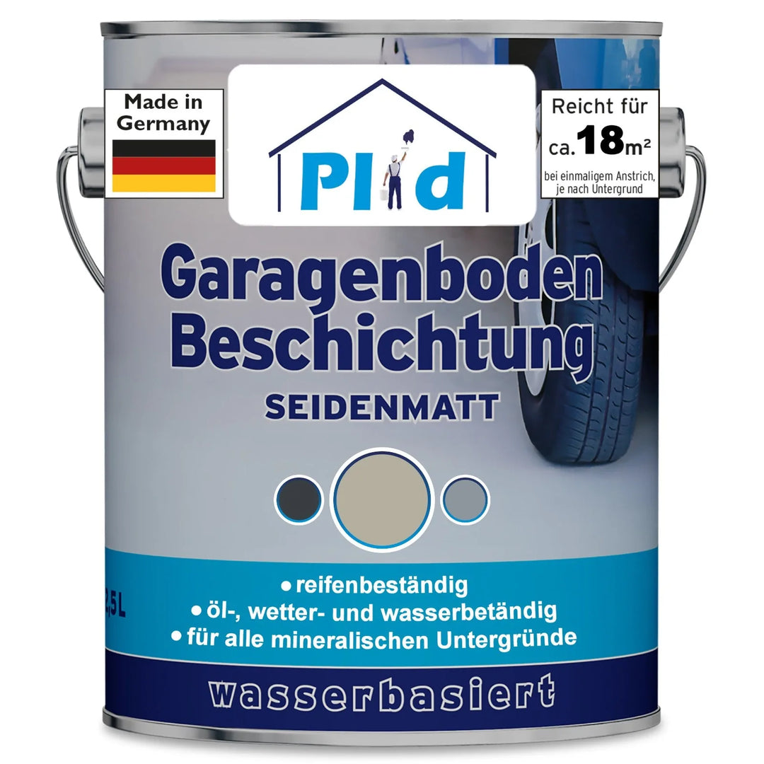 Eine Dose plid Plid® Garagenbodenbeschichtung - Bodenfarbe für Beton &amp; Estrich zeigt einen Reifen und Icons für Öl-, Wetter- und Wasserbeständigkeit. Diese lösemittelarme, robuste und leicht zu verarbeitende deutsche Farbe deckt ca. 18 m² und ist ideal für Betonböden.