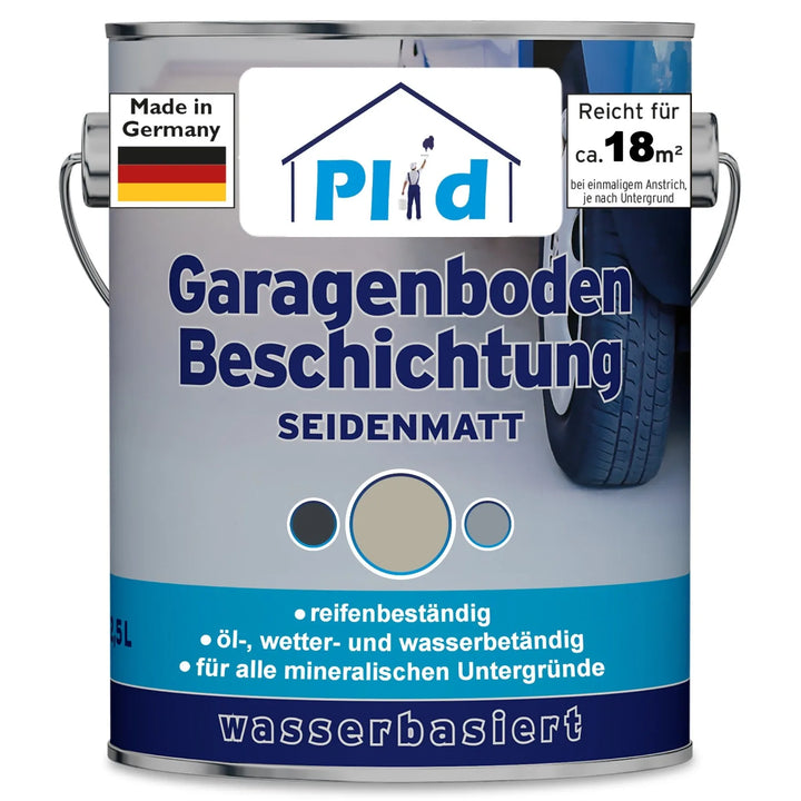 Eine Dose plid Plid® Garagenbodenbeschichtung - Bodenfarbe für Beton &amp; Estrich zeigt einen Reifen und Icons für Öl-, Wetter- und Wasserbeständigkeit. Diese lösemittelarme, robuste und leicht zu verarbeitende deutsche Farbe deckt ca. 18 m² und ist ideal für Betonböden.