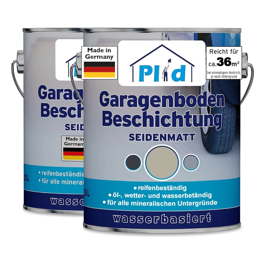 Zwei Metalldosen plid Plid® Garagenbodenbeschichtungs-Bodenfarbe für Beton &amp; Estrich, lösemittelarm, robust und leicht zu verarbeiten; semi-matt, deckt bis zu 36 m². Mit deutschem Text, einem Reifenbild und Flaggen auf dem Etikett.