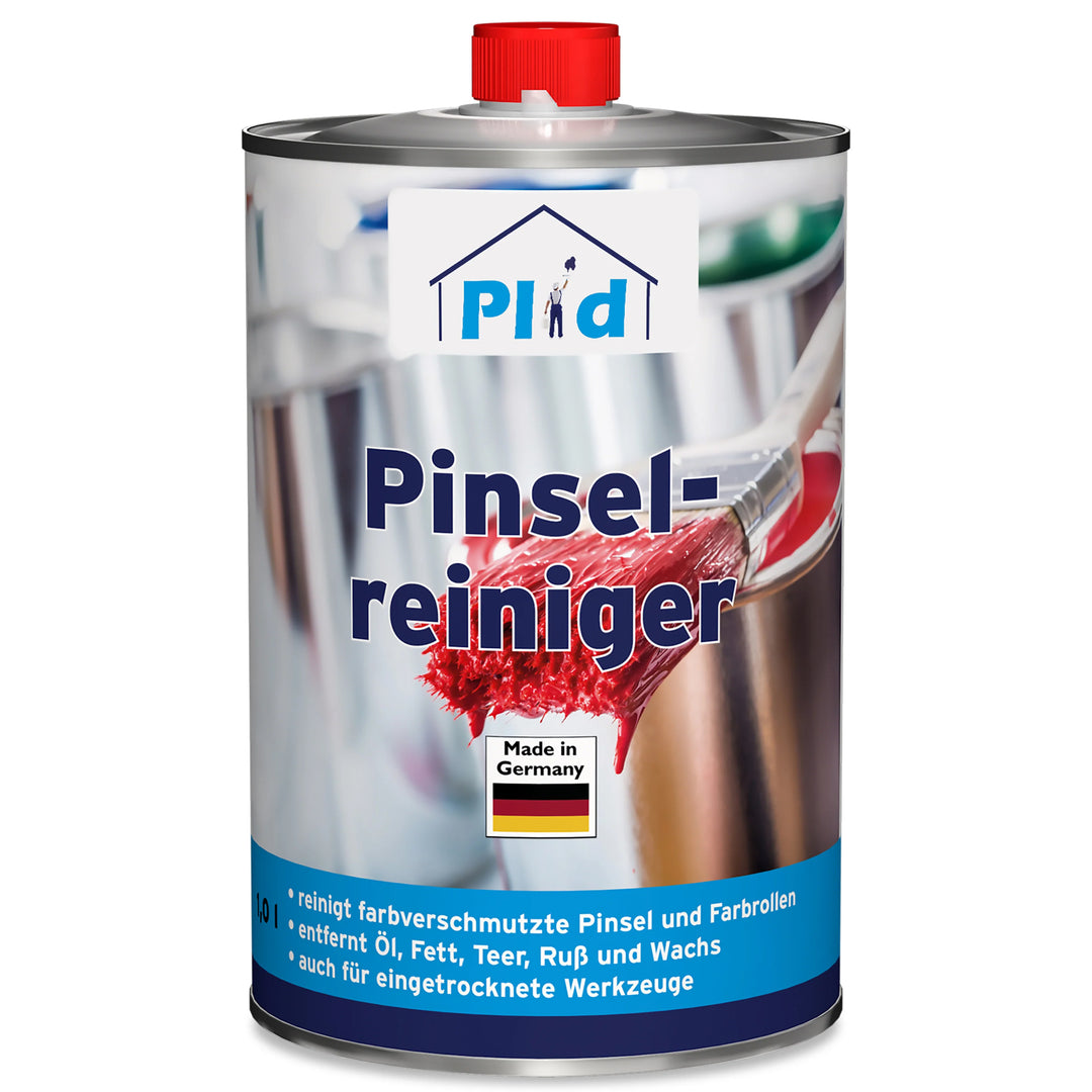 Eine Metalldose von plid Pinselreiniger - löst Lack- &amp; Farbrückstände effektiv, mit roter Kappe und Made in Germany-Etikett, zeigt einen Pinsel und "Malerwerkzeug reinigen" - ideal zum Reinigen von Pinseln und Rollen.