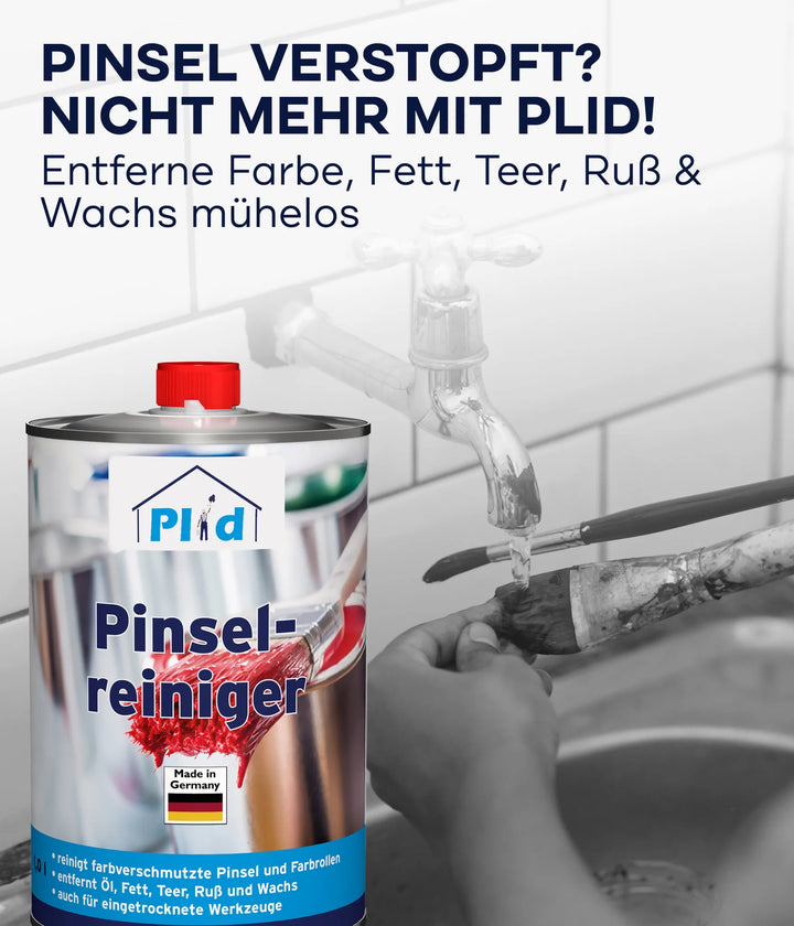 Im Vordergrund steht eine Dose Plid Pinselreiniger - löst Lack- &amp; Farbrückstände effektiv von plid, während eine Person zeigt, wie sie Pinsel unter fließendem Wasser von Farbe, Fett, Teer, Ruß und Wachs befreit - ideal für die Reinigung von Malerwerkzeugen.