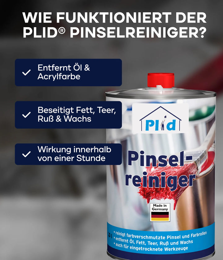 Abgebildet ist eine Dose plid Plid Pinselreiniger - löst Lack- &amp; Farbrückstände effektiv und demonstriert die schnelle, gründliche Reinigung durch Entfernen von Öl, Acrylfarbe, Fett, Teer, Ruß und Wachs von Pinseln innerhalb einer Stunde. Perfekt für die schnelle Pinselreinigung.
