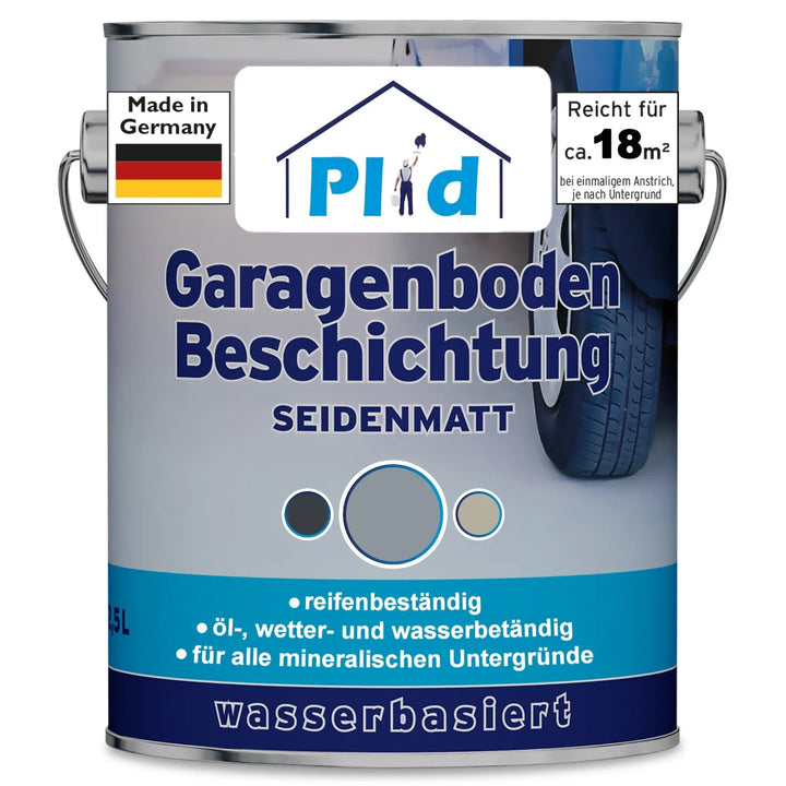 Eine Dose plid Plid® Garagenbodenbeschichtung - Bodenfarbe für Beton &amp; Estrich, lösemittelarm und robust, mit blauer Gestaltung und Reifensymbol, ideal für Garagenböden, nässe-, öl- und wasserresistent, reicht für ca. 18 m².