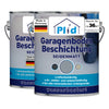 Zwei Dosen plid Plid® Garagenbodenbeschichtung, seidenmatte, wasserbasierte, reifenfeste Bodenfarbe für 36m² Betonböden. Lösemittelarm, robust & leicht zu verarbeiten. Made in Germany mit blau/weißer Verpackung und Reifengrafik.
