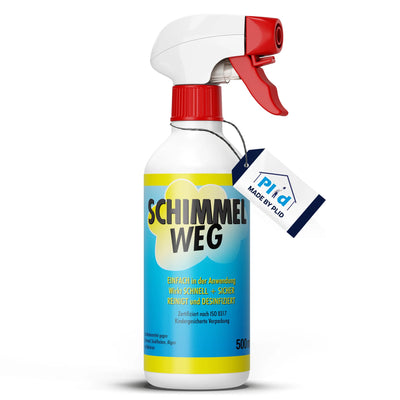 Eine weiße 500ml Sprühflasche mit der Aufschrift Plid Anti-Schimmelspray chlorhaltig by plid, mit gelb-blauem Design, roter Düse und blau-weißem Etikett. Dieser deutsche Schimmelentferner ist stark gegen Schimmelpilzflecken und desinfiziert Oberflächen.