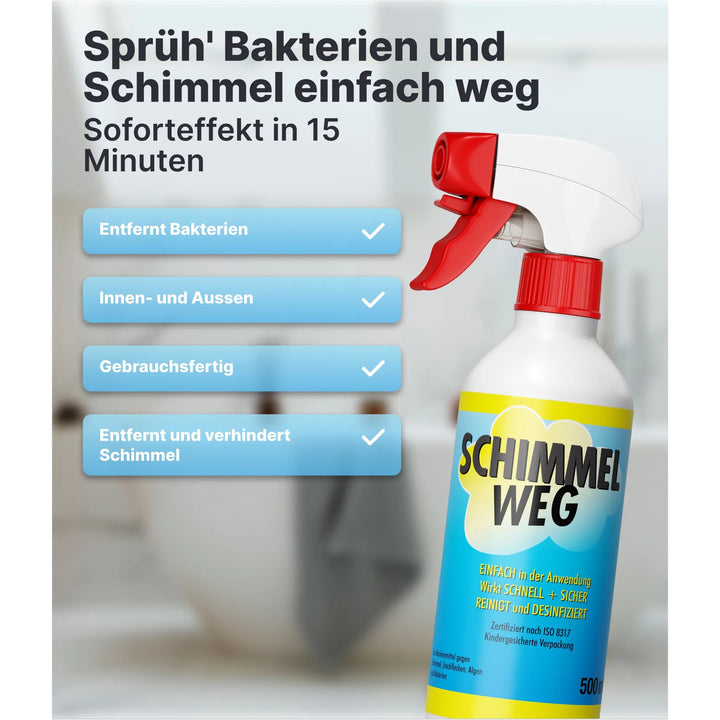 Eine Plid Anti-Schimmelspray chlorhaltig Flasche steht aufrecht, beschriftet als wirksam gegen Schimmel und Mehltau. Der Text hebt hervor: Entfernt Bakterien, wirkt im Innen- und Außenbereich, gebrauchsfertig, beseitigt und verhindert Schimmel. Eine verschwommene Hand hält den Abzug.