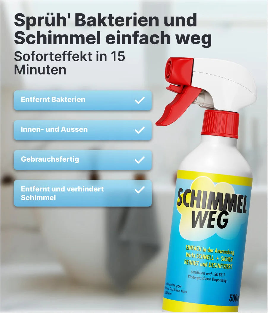 Eine Hand hält ein Plid Schimmelentferner Set - Spray &amp; Grundierung für Innenräume von plid. Dieser Schimmelentferner beseitigt Bakterien und Schimmel in Innenräumen, ist einfach in der Anwendung, liefert schnelle Ergebnisse in 15 Minuten und hat blaue Häkchen, die die wichtigsten Vorteile anzeigen.