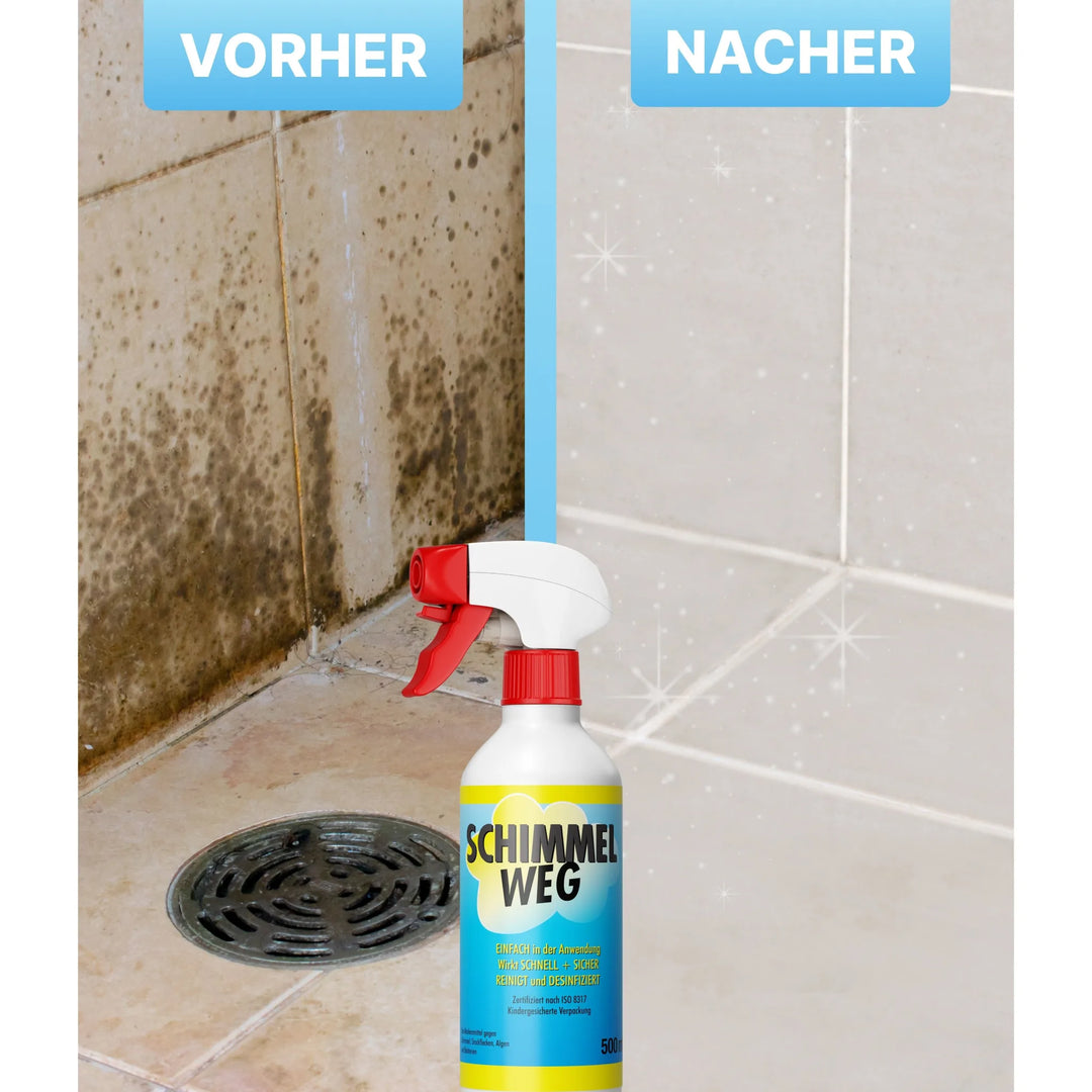 Ein Vorher-Nachher-Bild zeigt eine geflieste Duschecke: Schimmelflecken bedecken die linke Seite, während die rechte Seite makellos ist. In der Mitte steht Plid Anti-Schimmelspray chlorhaltig von plid - kraftvoll gegen Schimmel und Stockflecken.