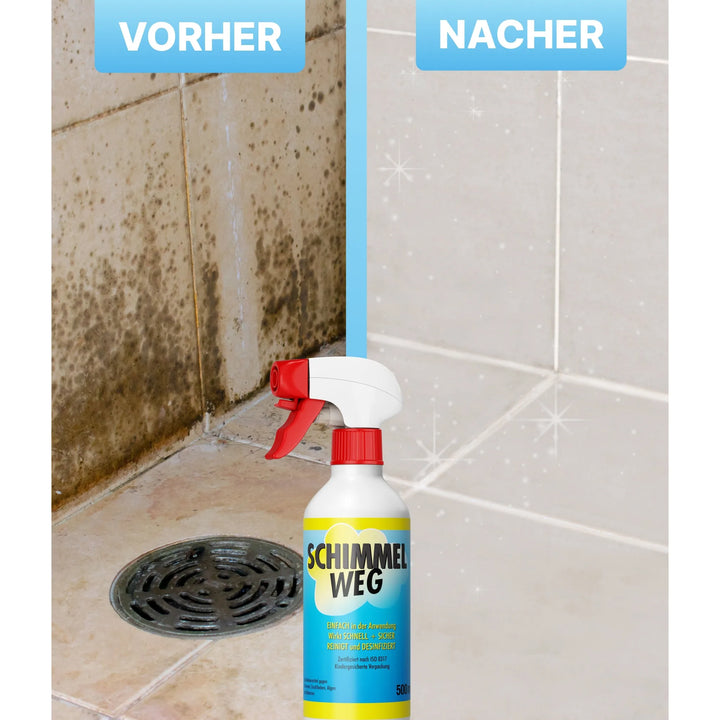 Ein Vorher-Nachher-Bild zeigt eine geflieste Duschecke: Schimmelflecken bedecken die linke Seite, während die rechte Seite makellos ist. In der Mitte steht Plid Anti-Schimmelspray chlorhaltig von plid - kraftvoll gegen Schimmel und Stockflecken.