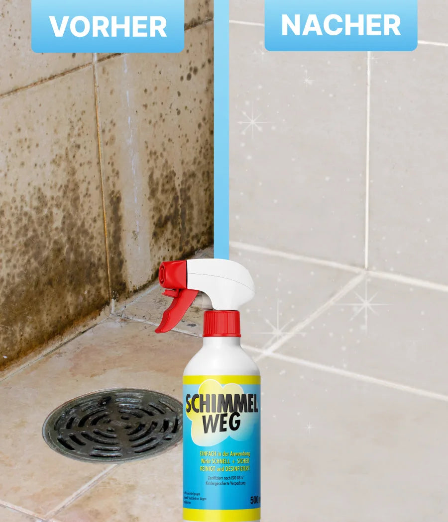 Ein geteiltes Bild zeigt eine schmutzige, verschimmelte Duschecke mit der Aufschrift VORHER und eine saubere mit der Aufschrift NACHHER, mit dem plid Schimmelentferner Set - Spray &amp; Grundierung für Innenräume von plid in der Mitte.