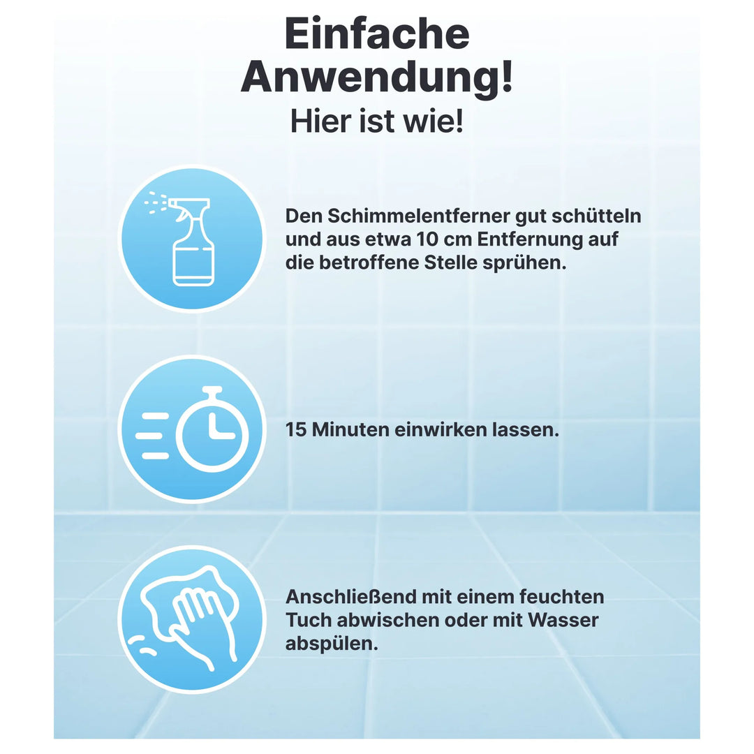 Anwendung von Plid Anti-Schimmelspray chlorhaltig: Spray von plid aus etwa 10 cm Entfernung aufsprühen, 15 Minuten einwirken lassen, dann mit einem feuchten Tuch abwischen oder mit Wasser abspülen. Stark gegen Schimmel &amp; Stockflecken.