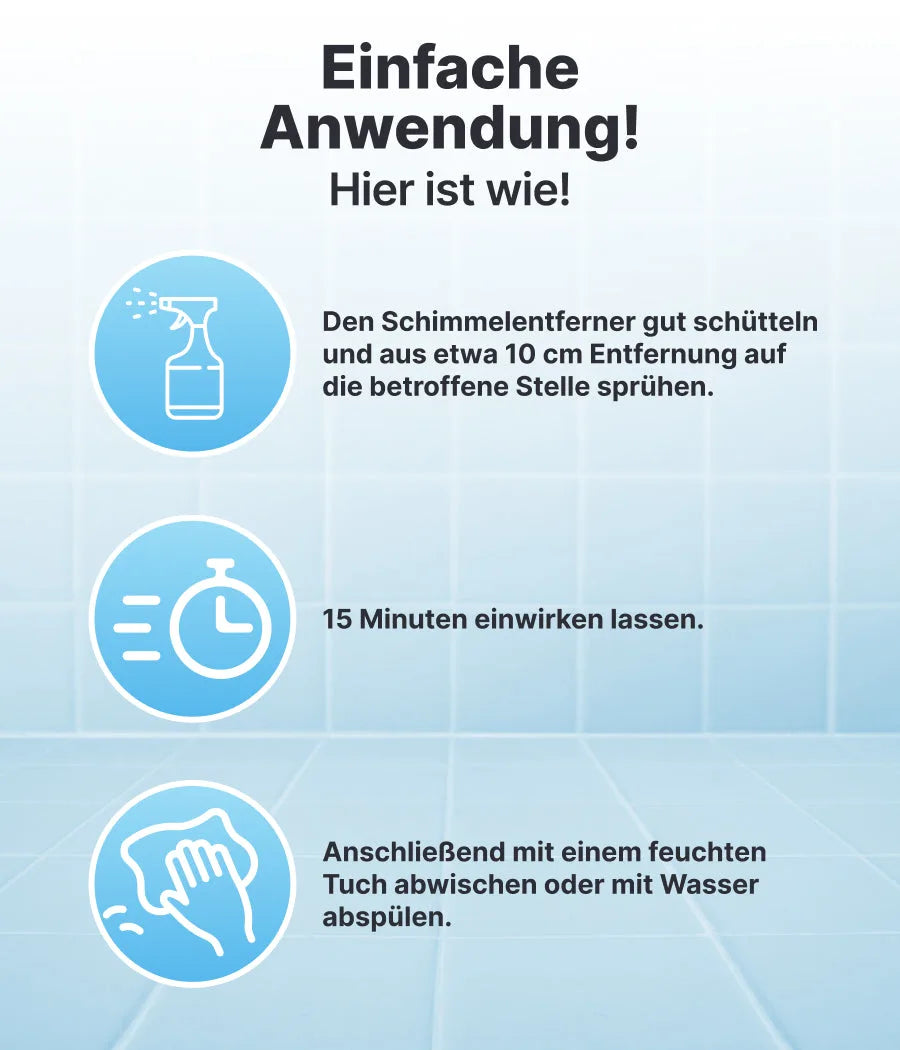 Infografik auf blauem Kachel-Hintergrund zeigt drei Schritte zur Schimmelentfernung mit dem Plid Schimmelentferner Set von plid: aufsprühen, 15 Min. einwirken lassen, dann mit feuchtem Tuch oder Wasser abwischen.