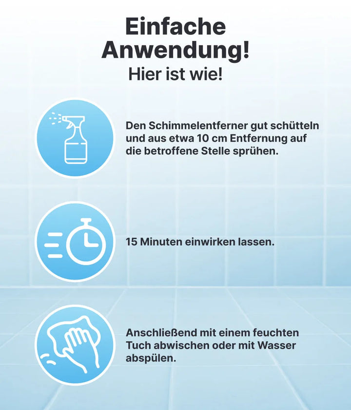 Infografik auf blauem Kachel-Hintergrund zeigt drei Schritte zur Schimmelentfernung mit dem Plid Schimmelentferner Set von plid: aufsprühen, 15 Min. einwirken lassen, dann mit feuchtem Tuch oder Wasser abwischen.