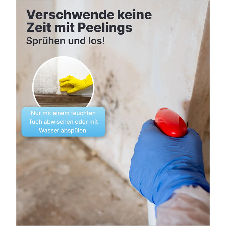 Mit einem blauen Handschuh besprüht eine Person eine verschmutzte Wand mit plid Anti-Schimmelspray chlorhaltig. Der deutsche Text sagt: sprühen, warten, wischen oder abspülen - kein Schrubben! Die kraftvolle Formel von plid entfernt Schimmel &amp; Stockflecken mühelos.