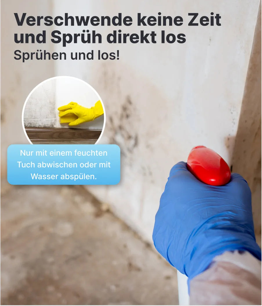 Eine Person in einem blauen Handschuh benutzt das plid Schimmelentferner Set - Spray &amp; Grundierung für Innenräume und zielt dabei auf eine verschmutzte Wand. Im Hintergrund: eine Hand mit gelben Handschuhen wischt die Oberfläche ab. Die deutsche Anleitung erklärt das Sprühen von Plid und das Abwischen von Schimmel.