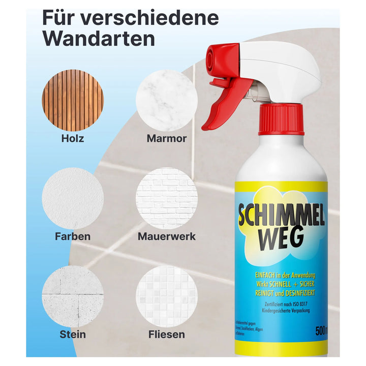 Das chlorhaltige Plid Anti-Schimmelspray von plid steht neben sechs Kreisen-Holz, Marmor, Farben, Mauerwerk, Stein und Fliesen-und zeigt so seine Vielseitigkeit gegen Schimmel. Die deutsche Beschriftung ist oben zu sehen.