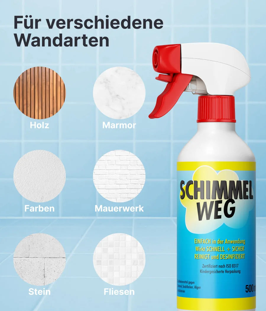 Eine Flasche plid Schimmelentferner Set - Spray &amp; Grundierung für Innenräume ist neben Symbolen für Holz, Marmor, Farbe, Mauerwerk, Stein und Fliesen abgebildet. Im Text steht "Für verschiedene Wandarten".