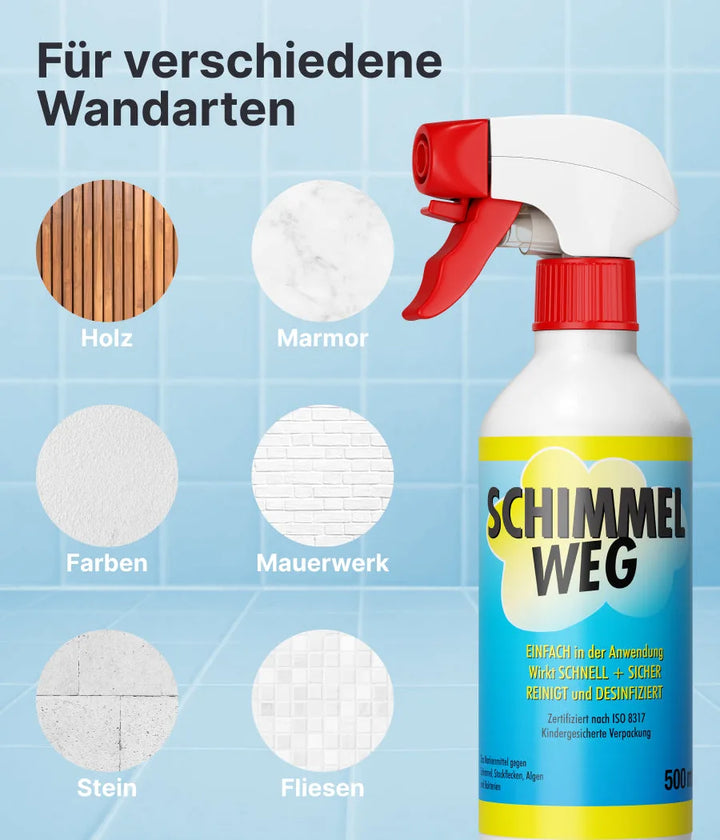 Eine Flasche plid Schimmelentferner Set - Spray &amp; Grundierung für Innenräume ist neben Symbolen für Holz, Marmor, Farbe, Mauerwerk, Stein und Fliesen abgebildet. Im Text steht "Für verschiedene Wandarten".