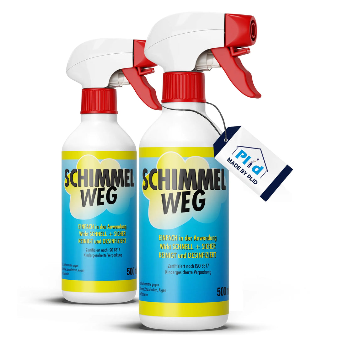 Zwei Flaschen plid Anti-Schimmelspray chlorhaltig (je 500ml), mit roten und weißen Auslösern, gelben und blauen Etiketten und einem "PHD Made by PLID"-Schild auf der rechten Flasche - wirksam gegen Schimmel.