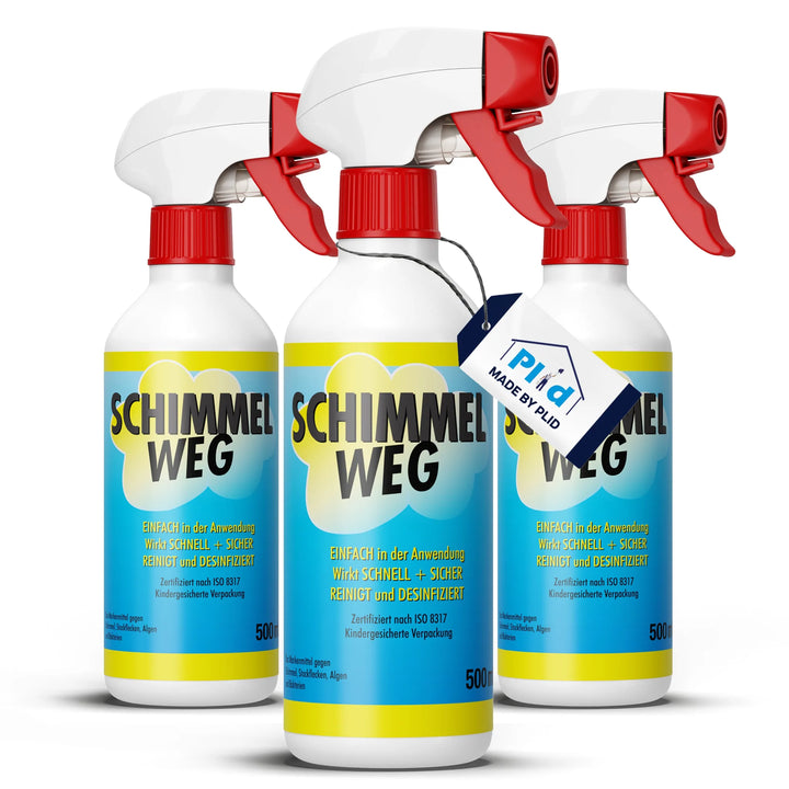 Abgebildet sind drei weiße Plid Anti-Schimmelspray-Chlorhaltig-Flaschen mit rot-weißen Düsen und blau-gelben Etiketten, gebrandet "plid" und wirksam gegen Schimmel und Mehltau. Eine Flasche trägt auf der Vorderseite das Etikett "Pild Made by plid".