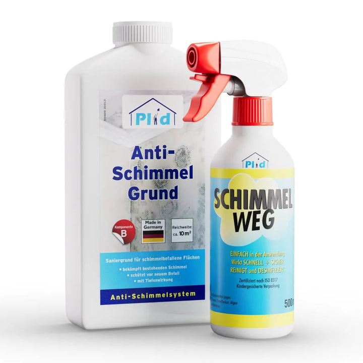 Zwei Reinigungsprodukte: Plid Anti-Schimmelspray chlorhaltig von plid, stark gegen Schimmel und Stockflecken, und eine weitere weiße Flasche mit blauer Kappe, beide für die effektive Schimmelentfernung.