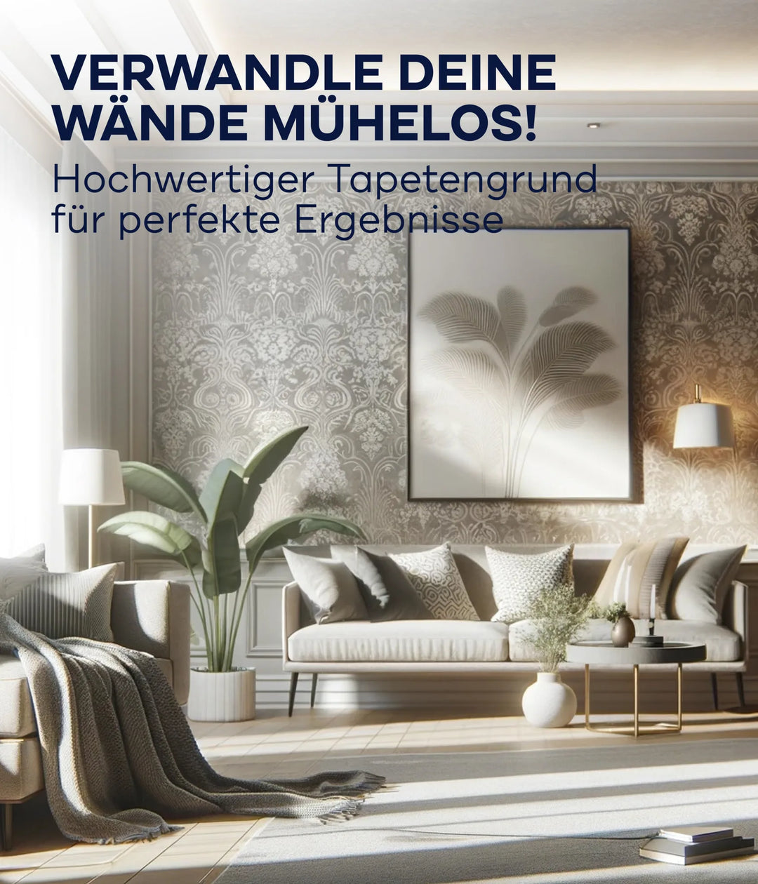 Ein helles, modernes Wohnzimmer mit eleganten Vliestapeten, einem hellgrauen Sofa, Zimmerpflanzen und gerahmter Kunst. Sonnenlicht strömt herein. Deutscher Text wirbt für plid Tapetengrund - Anstreichset zur mühelosen Wandveränderung mit Qualitätstapeten.
