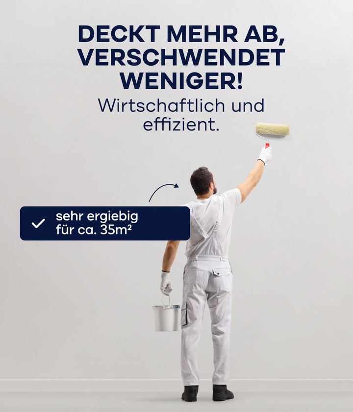 Ein Mann streicht eine Wand - Plid Tapetengrund von plid: haftvermittelnd, saugausgleichend, wirtschaftlich und effizient. Eine Box reicht für ca. 35 m² - deckt mehr ab, verschwendet weniger! Ideal für Untergrundvorbereitung.