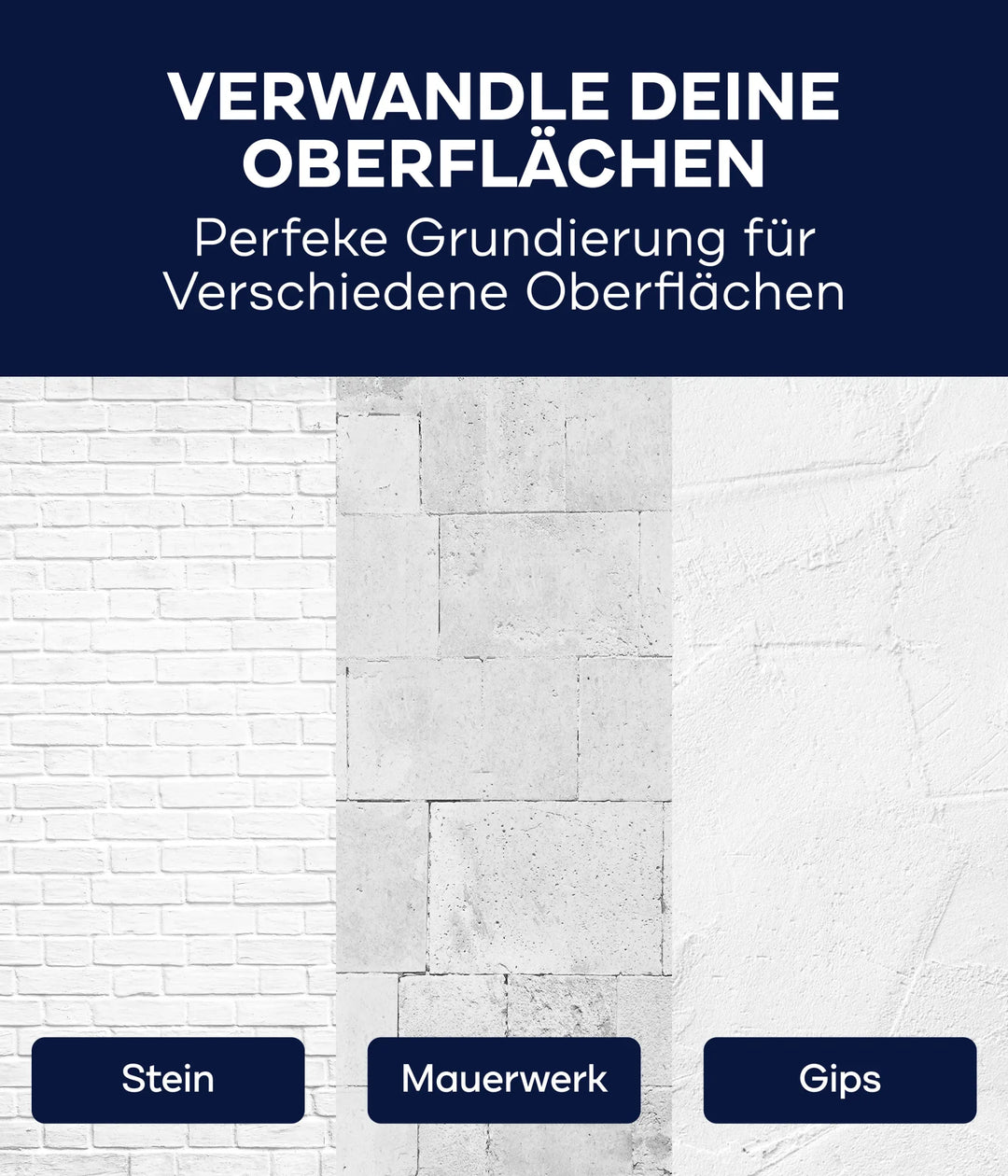 Eine Grafik zeigt Stein-, Mauerwerk- und Gipswände mit dem Hinweis, für optimale Anstrichvorbereitung plid Tiefengrund lösemittelfrei für saugende Untergründe zu verwenden.