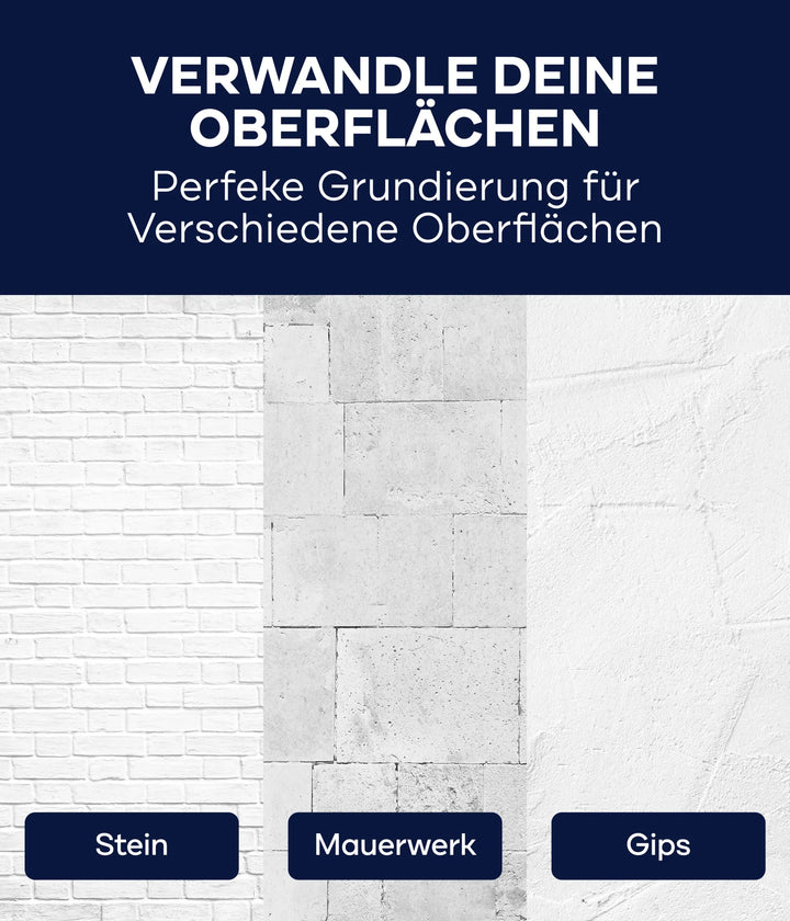 Eine Grafik zeigt Stein-, Mauerwerk- und Gipswände mit dem Hinweis, für optimale Anstrichvorbereitung plid Tiefengrund lösemittelfrei für saugende Untergründe zu verwenden.