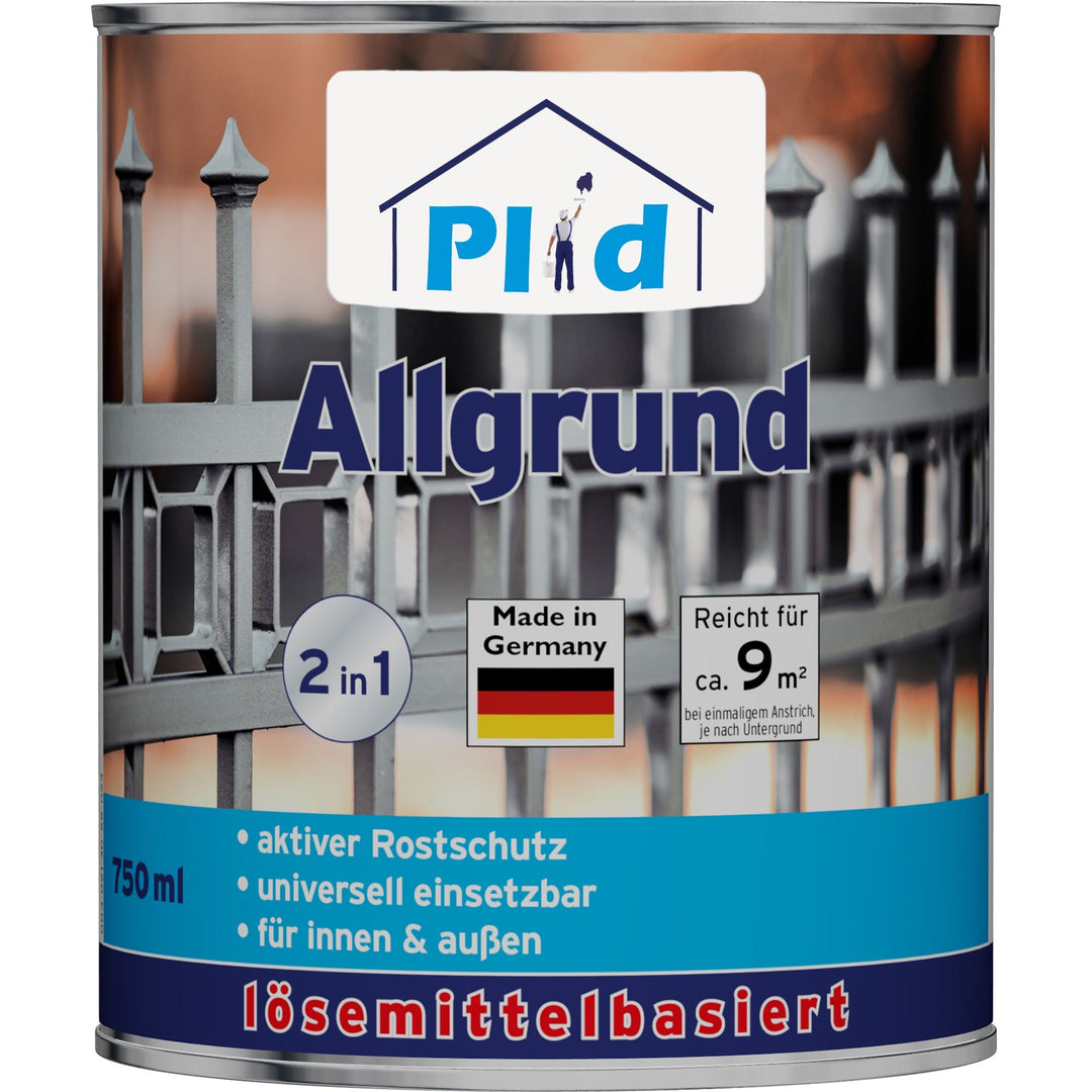 Eine 750-ml-Dose plid Allgrund - Universal-Haftgrund für Metall, Holz &amp; Kunststoff, eine lösemittelhaltige Grundierung mit Korrosionsschutz für den Innen- und Außenbereich. Mit Metallzaunmotiv, "Made in Germany"-Plakette und blauem 2-in-1-Symbol.