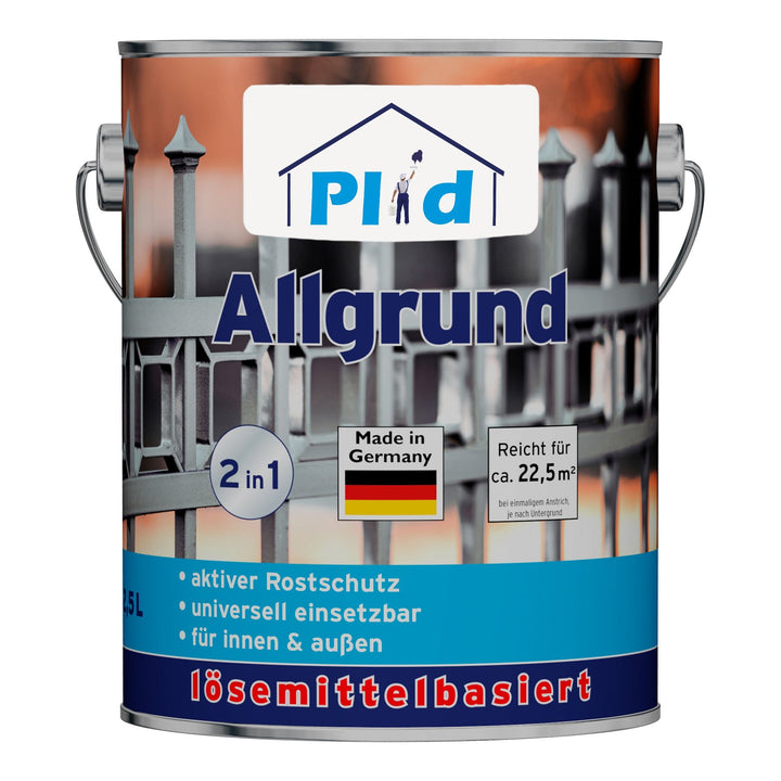 Eine Plid Allgrund - Universal-Haftgrund für Metall, Holz &amp; Kunststoff-Dose zeigt einen schwarzen Metallzaun, das Etikett "Made in Germany" und Angaben zum Korrosionsschutz, zur Verwendung der Grundierung, zur universellen Anwendung, zur Haftgrundlage und zur Eignung für den Innen- und Außenbereich.