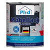 Eine 750 ml Dose plid Möbellack - kratzfest & seidenmatt für Holz & Innenbereiche, mit blau-weißem Etikett, deutschem Text, Öko-Labels und modernem Wohnzimmerfoto. Auf Wasserbasis für dauerhaften Schutz und ein kratzfestes Finish.