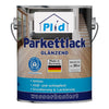 Eine Dose plid Plid Treppen & Parkettlack - schnell trocknend & abriebfest zeigt den deutschen Text "Made in Germany", "wasserbasiert", umweltfreundliche Symbole und einen Holzboden in einem hellen Raum - ideal zur Versiegelung von Holzoberflächen.
